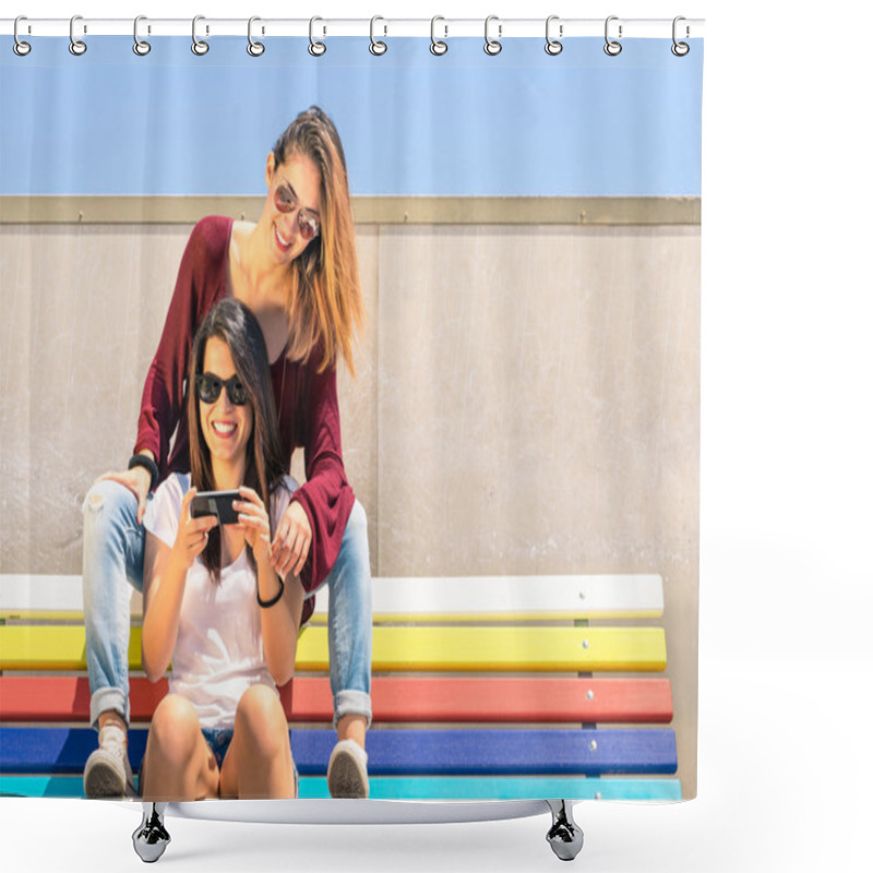 Personality  Best Friends Enjoying Time Together Outdoors With Smartphone - Concept Of New Technology With Two Girlfriends Having Fun On A Multicolored Bench Shower Curtains