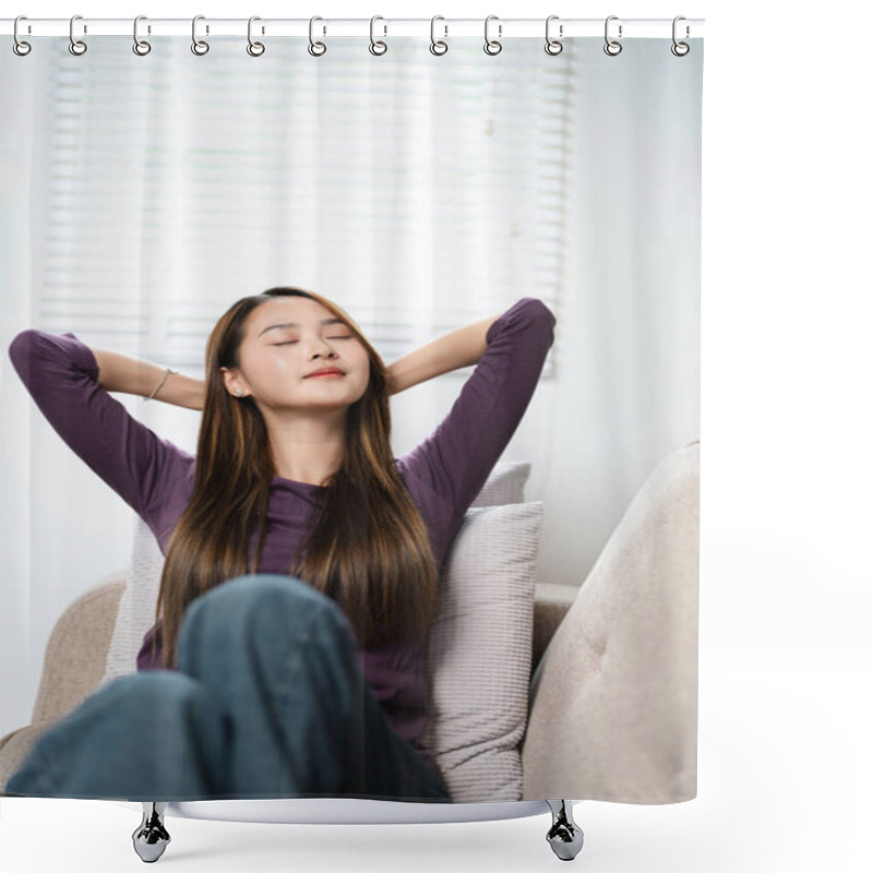 Personality  In Cozy Living Room Happy Woman Put Hands Behind Head Sitting Leaned On Couch Female Enjoy Lazy Weekend Or Vacation, Housewife Relaxing Feels Satisfied Accomplish Chores Housework Concept Shower Curtains