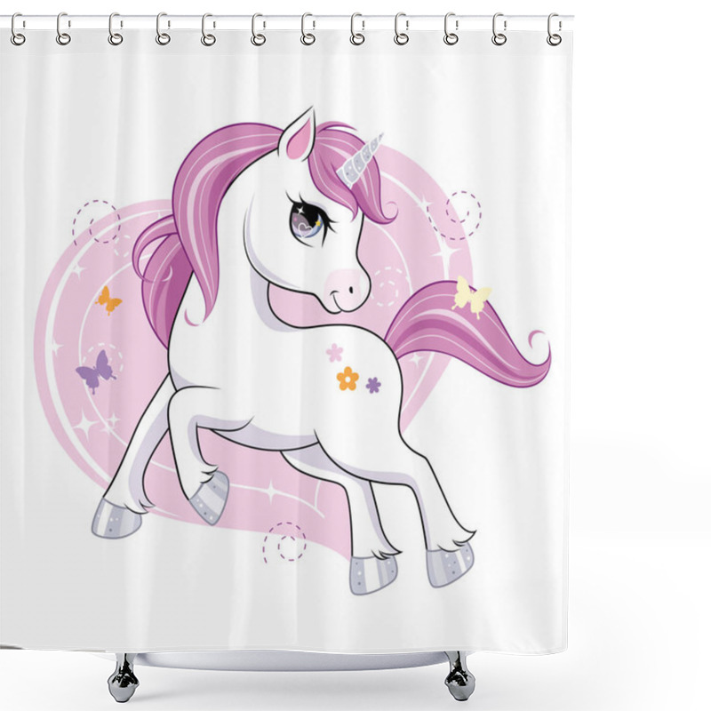 Personality  Cute Little Unicorn Character Over Pink Background. Vector. Shower Curtains