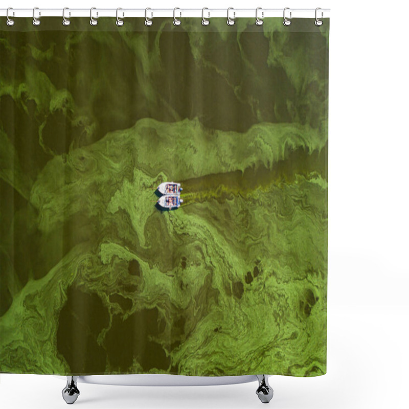 Personality  Fishing Boat On Green Water, Aerial Drone View. Algae Bloom In The River, Green Pattern On The Water. Shower Curtains