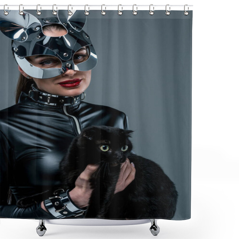 Personality  Kinky Woman In Sexy Costume And Mask Holding Black Cat Isolated On Grey  Shower Curtains