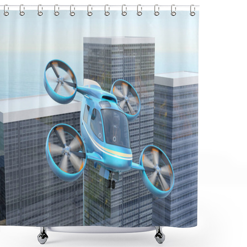 Personality  Metallic Blue Flying Car (air Taxi) Flying In Modern City. 3D Rendering Image. Shower Curtains