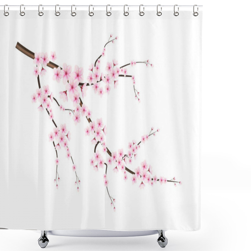 Personality   Realistic Blooming Cherry Flowers And Petals Illustration,cherry Blossom Vector. Pink Sakura Flower Background. Cherry Blossom Flower Blooming Vector Shower Curtains