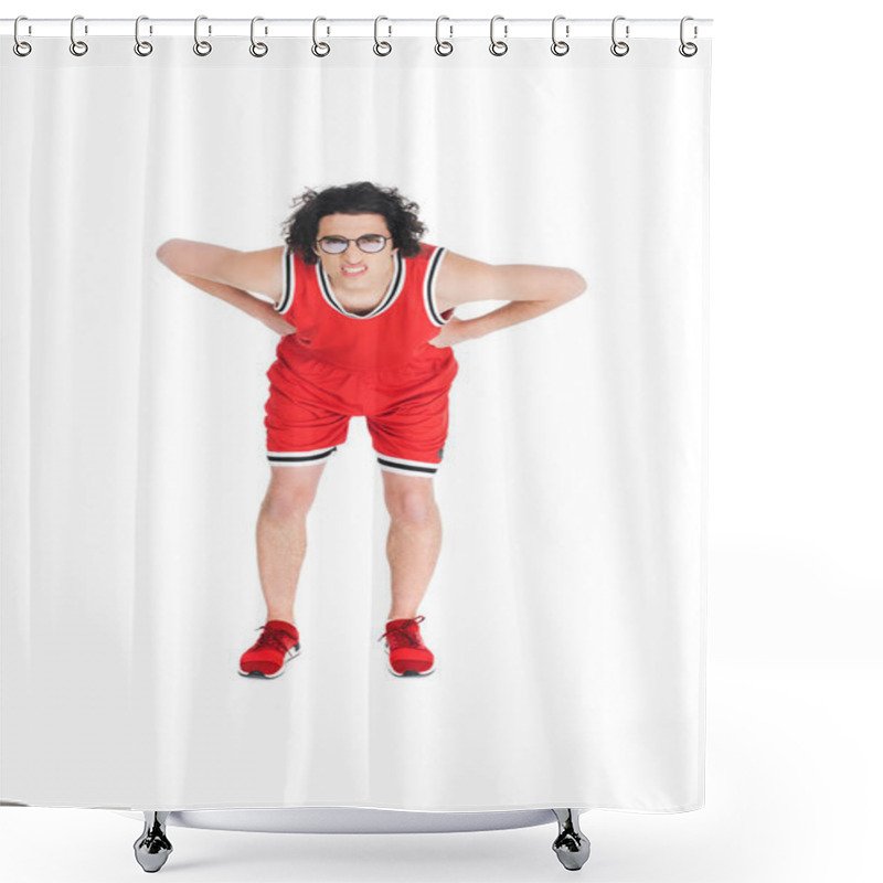 Personality  Skinny Sportsman In Eyeglasses Squinting Isolated On White Shower Curtains