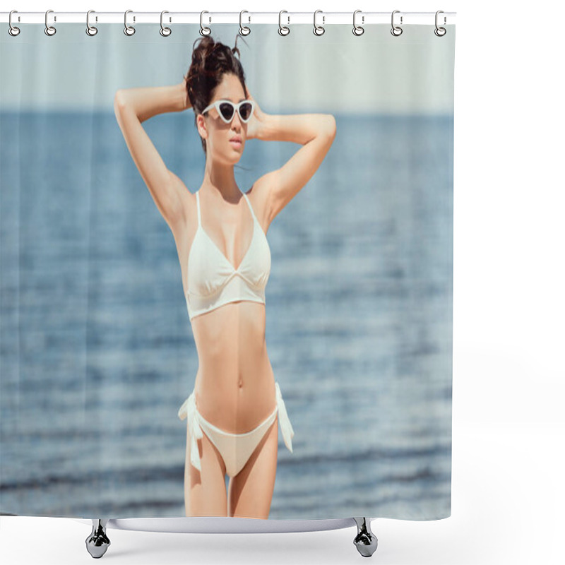 Personality  Attractive Woman Posing In Sunglasses And White Bikini Near The Sea On Resort Shower Curtains