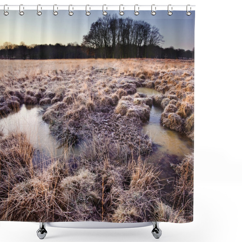 Personality  Beautiful Frozen Field Winter Landscape With Frosty Grass Shower Curtains