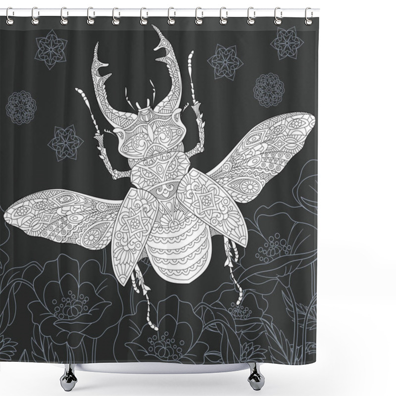 Personality  Stag Beetle Drawn In Line Art Style. Poppy Flowers. Floral Background In Black And White Colors On Chalkboard. Coloring Book. Coloring Page. Zentangle Vector Illustration. Shower Curtains