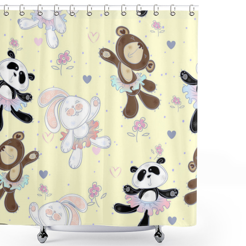 Personality  Seamless Pattern With Cute Little Animals . The Bunny The Bear And Panda. Ballerinas, Vector. Shower Curtains