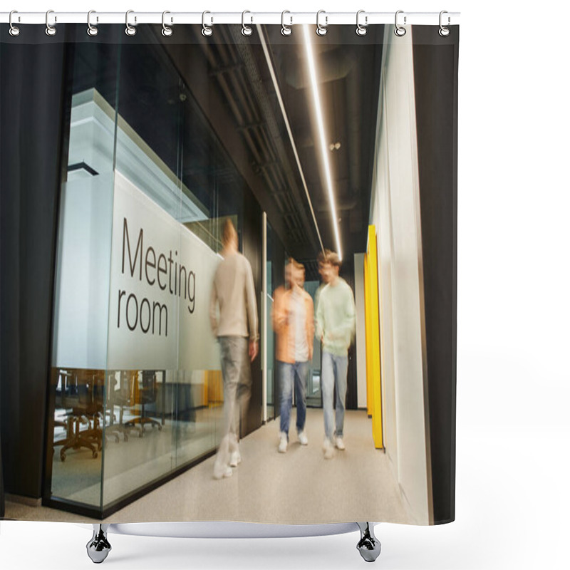 Personality  Motion Blur Of Energetic And Ambitious Business People Walking Near Meeting Room In Coworking Environment Of Modern Office With High Tech Interior, Full Length, Dynamic Business Concept Shower Curtains