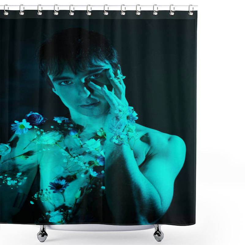 Personality  A Young Man Gracefully Holds A Delicate Flower In His Hand, Exuding Elegance And Appreciation For Natures Beauty. Shower Curtains