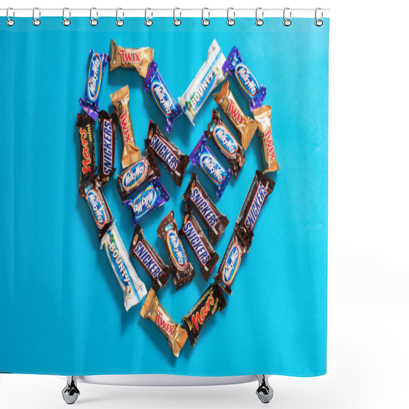 Personality  Twix, Milky Way, Snickers, Bounty, Mars  Popular Mini Candy Chocolate Bars On Blue Background In Heart Shape Shower Curtains