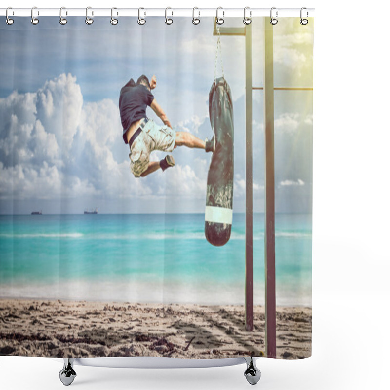 Personality  Martial Artist In Action Shower Curtains