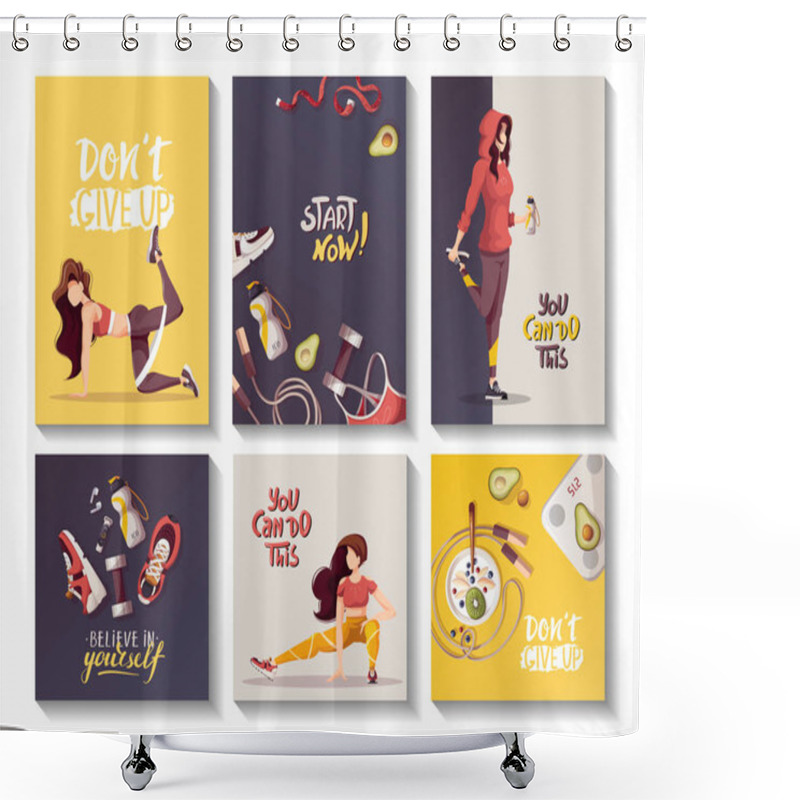 Personality  Set Of Motivational Sport Themed Posters With Cartoon Women, Supplies And Food Shower Curtains