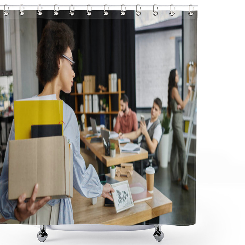 Personality  Stylish African American Woman Packing Her Items During Lay Off, Colleagues On Backdrop. Shower Curtains