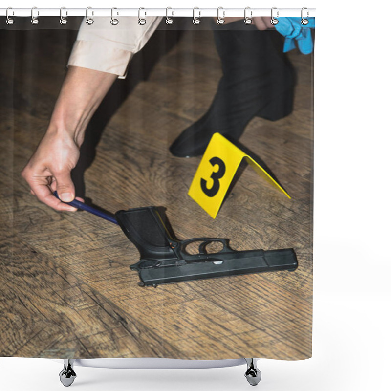 Personality  Cropped View Of Hand Examining Gun Near Evidence Marker At Crime Scene Shower Curtains