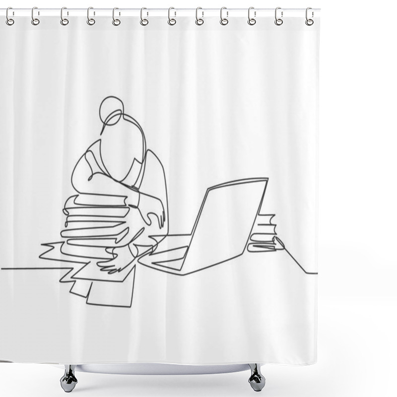 Personality  Single Continuous Line Drawing Of Young Tired Female Employee Sleeping On The Work Desk With Laptop And Pile Of Papers. Work Fatigue At The Office Concept One Line Draw Design Vector Illustration Shower Curtains