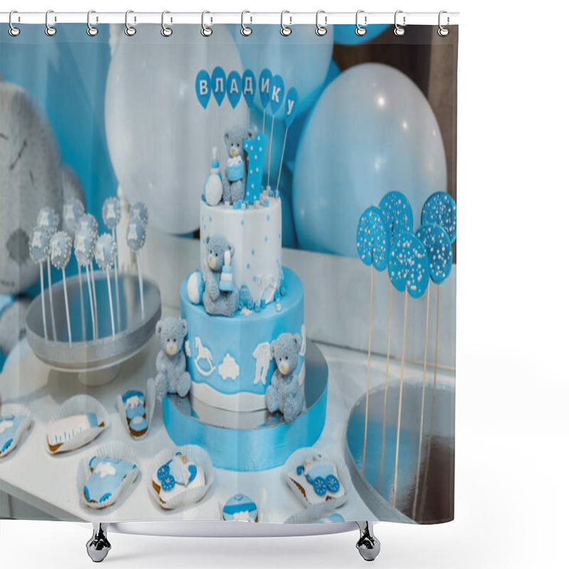 Personality  Baby Birthday Theme With Teddy Bear. Festive Background Decoration With Cake, Letters Saying One And White Blue Balloons In Studio, Candy Bar. Shower Curtains