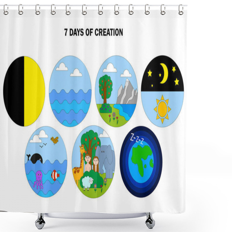 Personality  Biblical Seven Days Of Creation. From Light To Rest Day. Vector Illustration. EPS 10. Stock Image. Shower Curtains