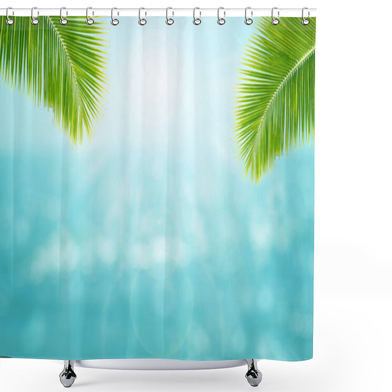 Personality  Summer Vacation And Holiday Trip Concept : Green Leaves Of Coconut Tree With Blurry Image Seascape View And Blue Sky In Background. Shower Curtains