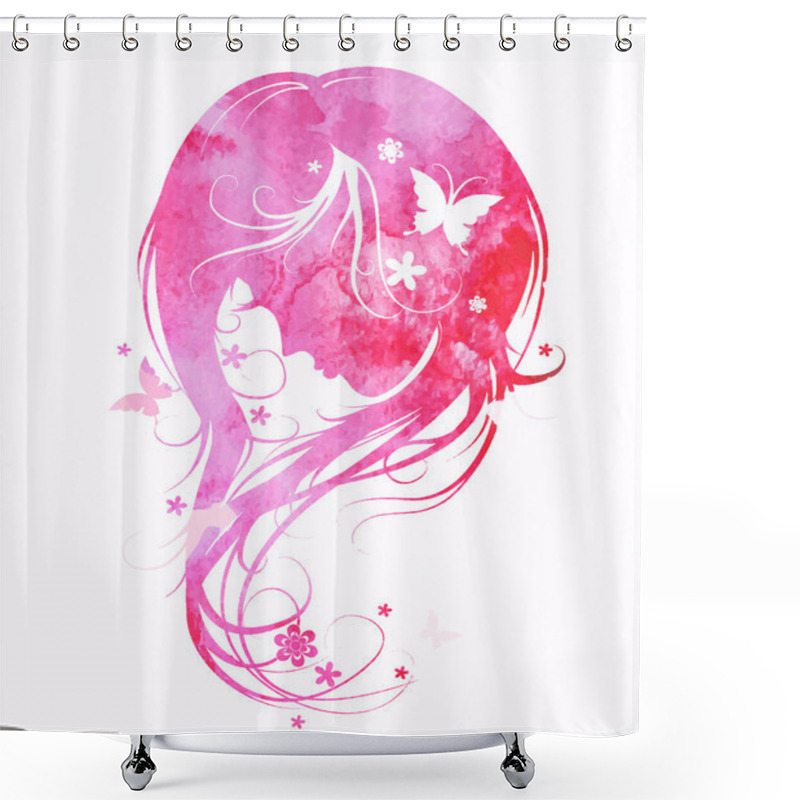 Personality  Silhouette Beautiful Girl With Beautiful Flowers And Butterflies Shower Curtains