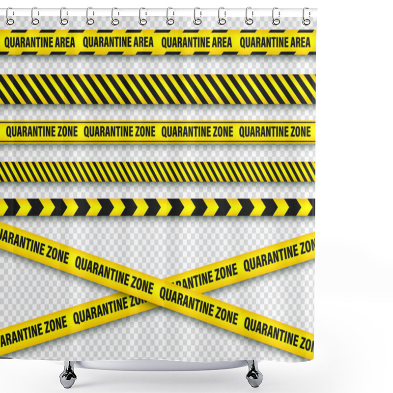 Personality  Quarantine Zone Warning Tape. Novel Coronavirus Outbreak. Global Lockdown. Coronavirus Danger Stripe. Police Attention Line. Vector Illustration. Shower Curtains