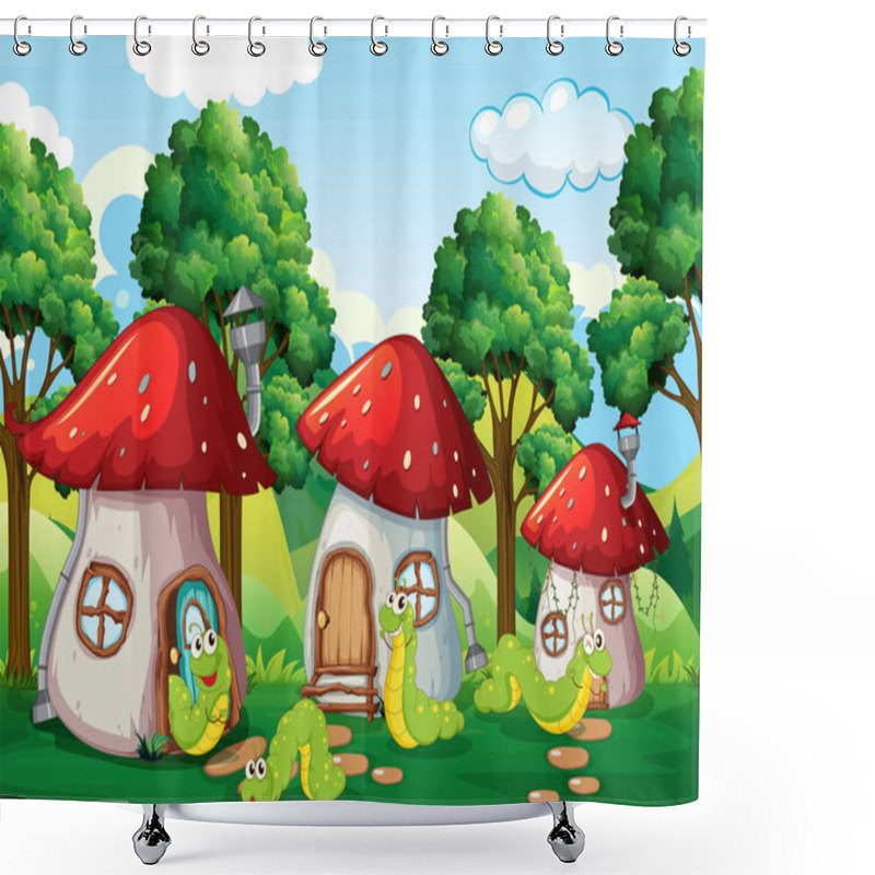 Personality  Caterpillar At The Mushroom House Illustration Shower Curtains