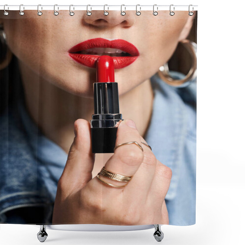 Personality  A Young Woman Holds A Vibrant Red Lipstick In Her Hand, Poised To Enhance Her Beauty. Shower Curtains