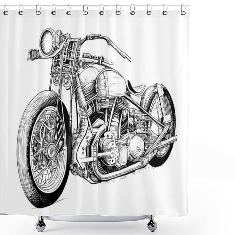 Personality  Retro Motorcycle Old Sketch Hand Drawn Vector Illustration. Shower Curtains