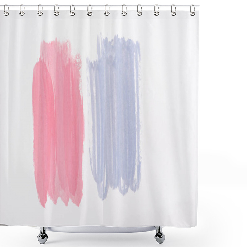 Personality  Top View Of Abstract Pink And Blue Paint Brushstrokes On White Background Shower Curtains