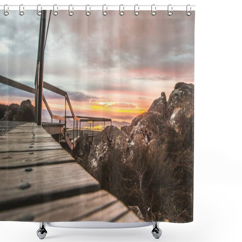 Personality  Scenic Wooden Pathway Leading To A Vibrant Sunset Over Rocky Terrain. Shower Curtains