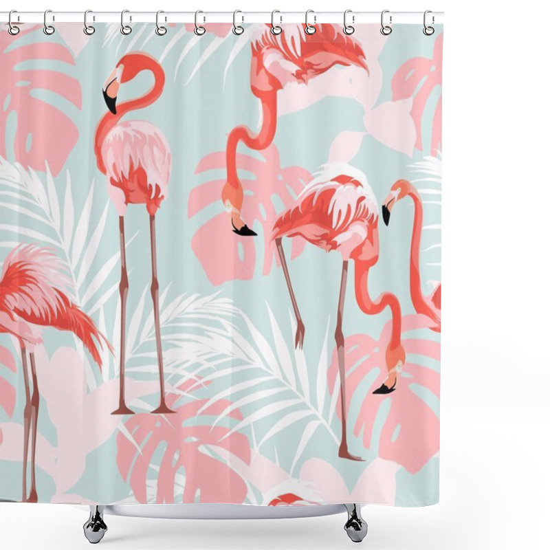 Personality  Pink Flamingo, Graphic Palm Leaves, Blue Background. Floral Seamless Pattern. Tropical Illustration. Exotic Plants, Birds. Summer Beach Design. Paradise Nature. Shower Curtains