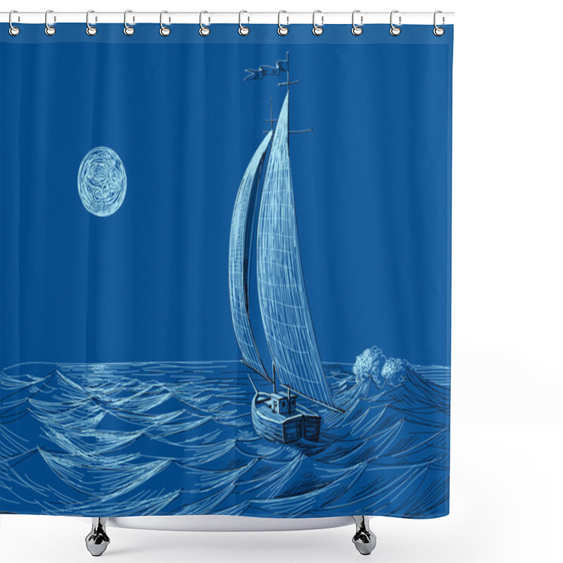 Personality  Night Sea View Sail Boat In The Moonlight Shower Curtains