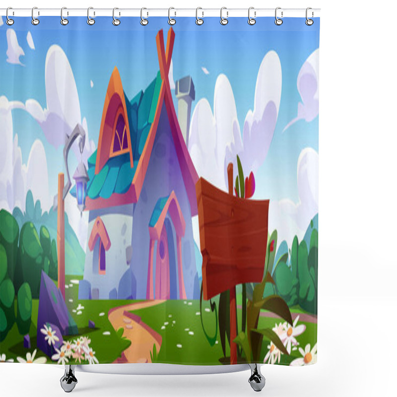 Personality  Fantasy House With Garden In Magic Village Cartoon Background. Gnome, Wizard Or Elf Home With Fantastic Nature Landscape. Rural Medieval Building Design With Signboard And Lantern On Grass Meadow Shower Curtains