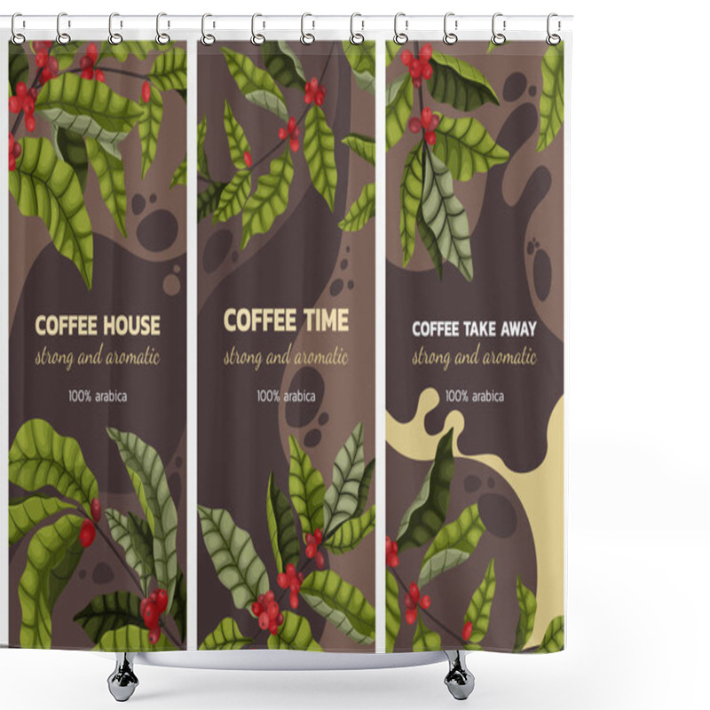 Personality  Vector Illustration Concept Of Advertising Coffee With Branches And Berries Of Coffee Tree In Cartoon Style. Vertical Banner Or Brochure On Brown Background Coffee Time Shower Curtains