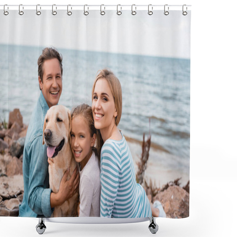 Personality  Family With Child And Golden Retriever Looking At Camera During Weekend On Beach  Shower Curtains