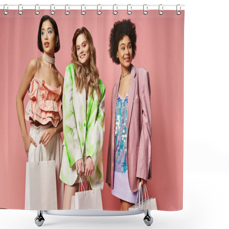 Personality  Three Women Of Diverse Backgrounds Standing Together, Holding Shopping Bags Against A Vibrant Pink Backdrop. Shower Curtains