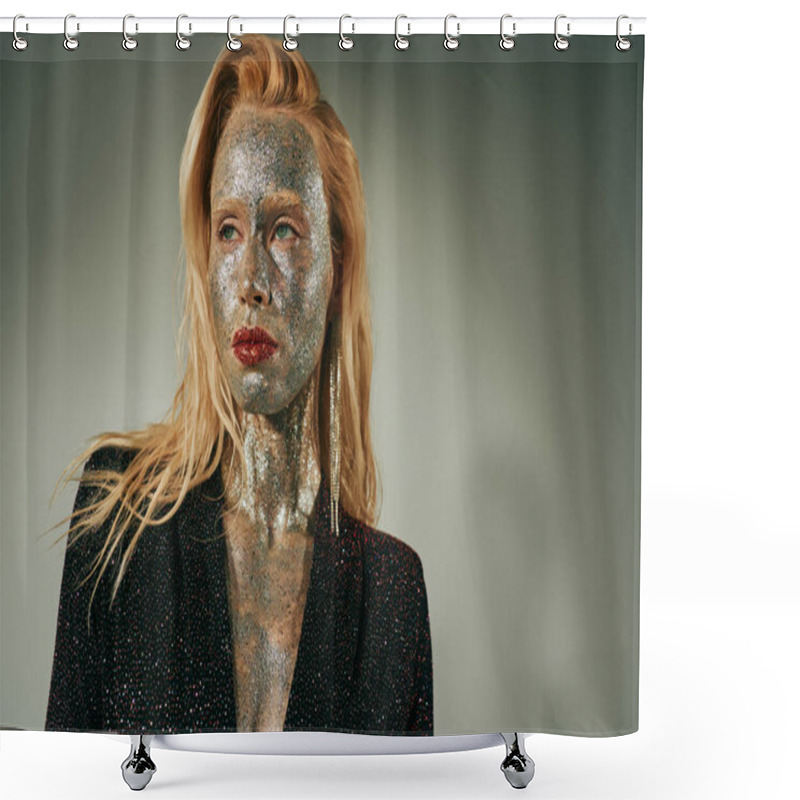 Personality  Dreamy Blonde Woman In Shiny Dress With Glitter All Over Her Body And Face Posing On Grey Backdrop Shower Curtains