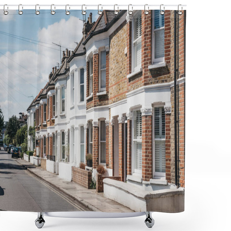 Personality  London, UK - August 1, 2018: Row Of Typical British Terraced Houses In Barnes, An Affluent Residential Area Of London Famous For Its Village Atmosphere. Shower Curtains