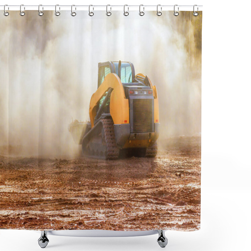 Personality  Compact Bulldozer Works On Clearing Plot Land, Creating Large Clouds Of Dust In Construction Is Likely Underway As Machine Reshapes Terrain. Shower Curtains