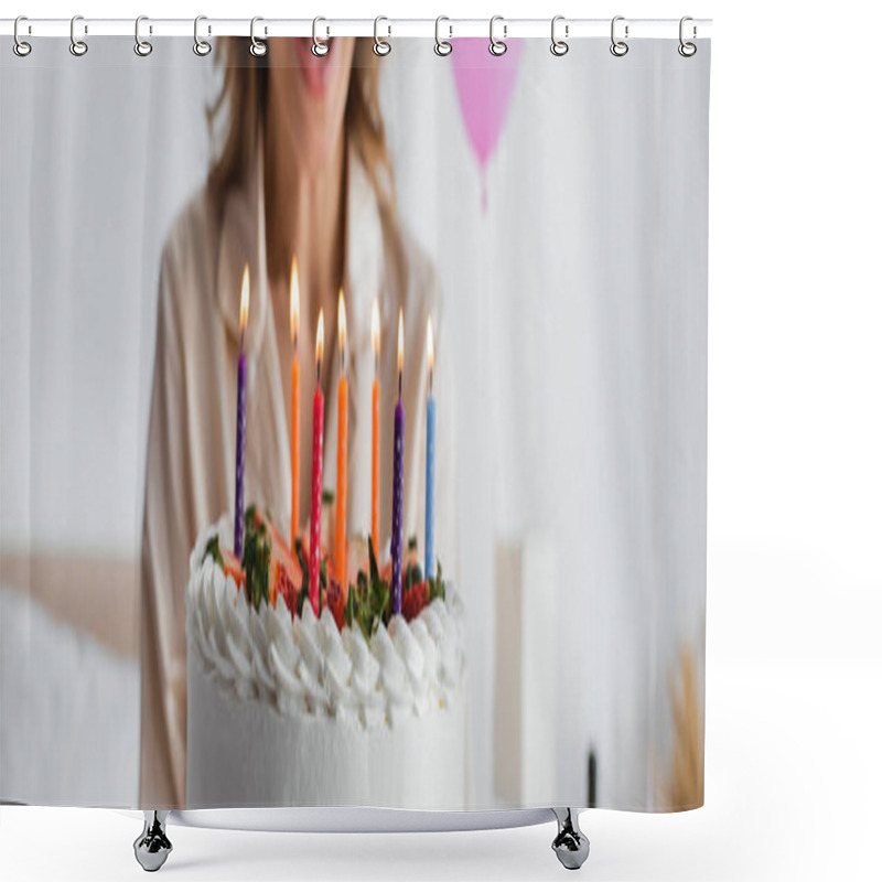 Personality  Cropped View Of Birthday Cake With Candles Near Blurred Woman, Banner  Shower Curtains