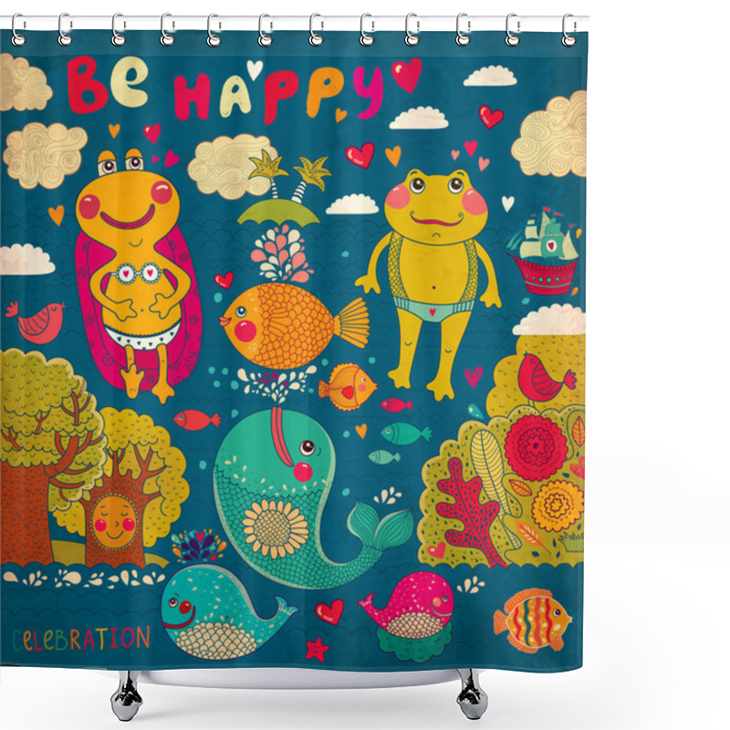 Personality  Vector Cartoon Illustration With Happy Frogs Shower Curtains