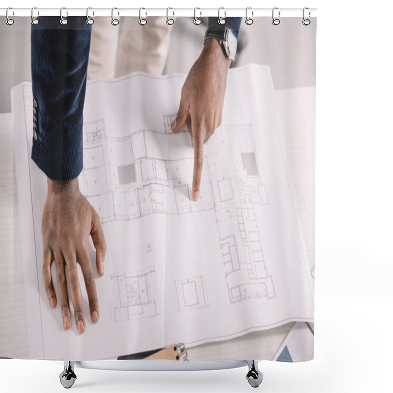 Personality  Cropped View Of African American Architect Working With Blueprint   Shower Curtains