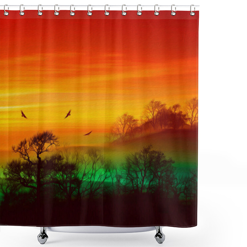 Personality  3D Illustration.  Green Fog In The Clearing. Imitation Of Oil Painting. Shower Curtains