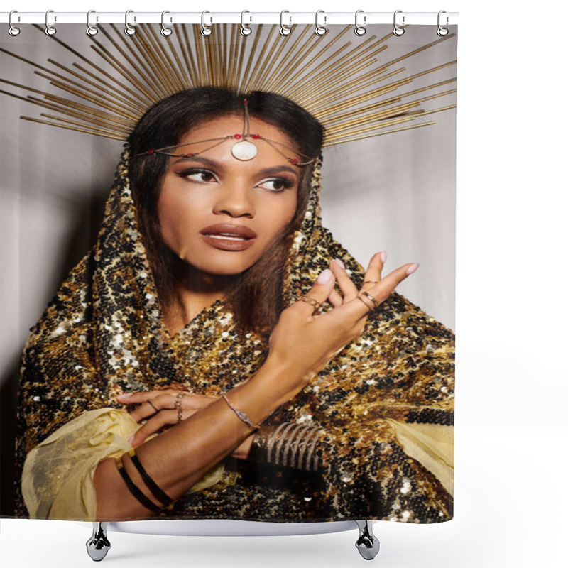 Personality  An Elegant Goddess Adorned In A Shimmering Golden Dress Captivates With Grace In A Vibrant Studio Atmosphere. Shower Curtains