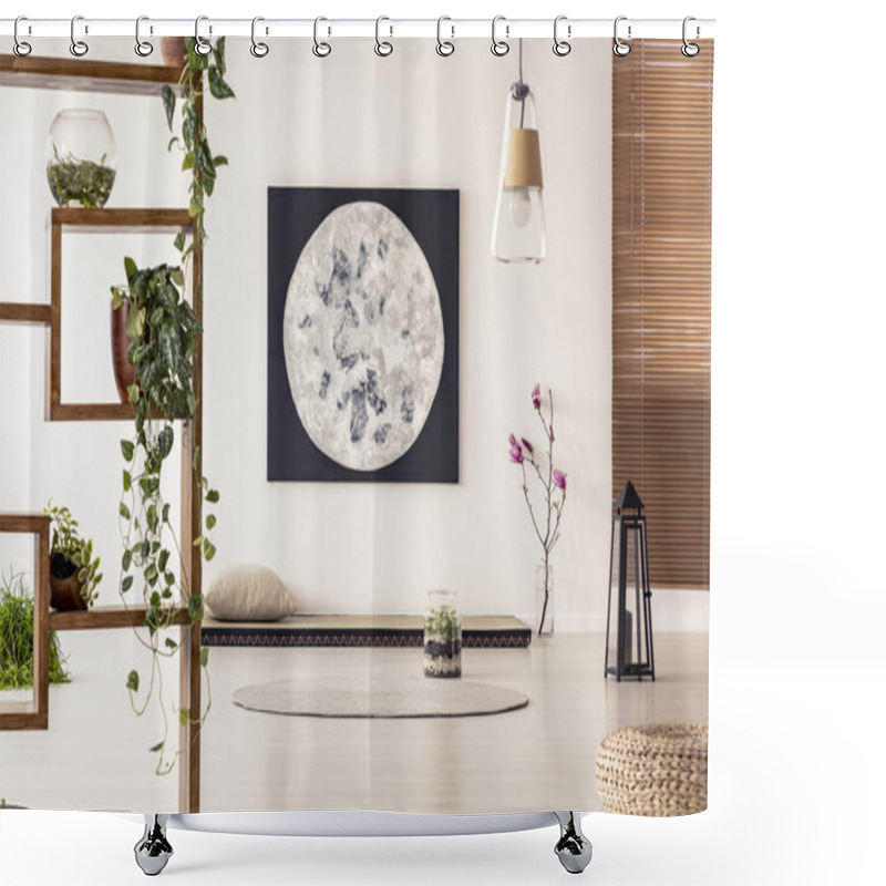 Personality  Real Photo Of A Simple Japanese Room Interior With Wooden Shelves With Plants And Big Moon Painting Shower Curtains