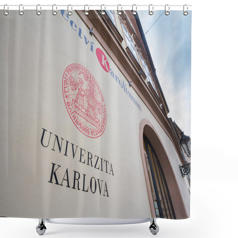 Personality  PRAGUE, CZECHIA - NOVEMBER 3, 2019: Charles University Logo In Front Of Their Entrance. Charles University, Or Univerzita Karolina, Is The Main Academic Center Of Prague Shower Curtains