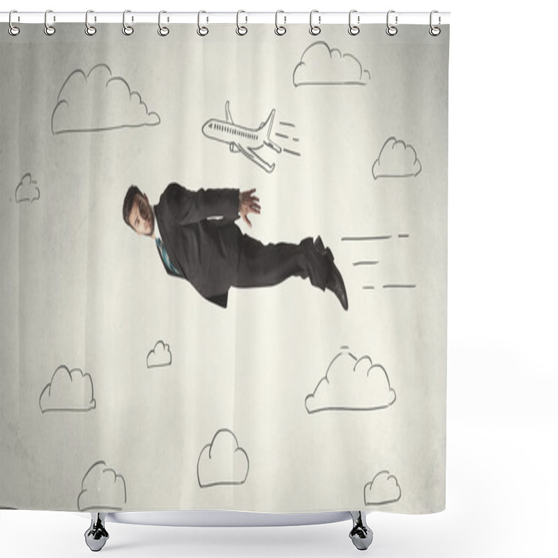 Personality  Cheerful Business Person Flying Between Hand Drawn Sky Clouds Shower Curtains