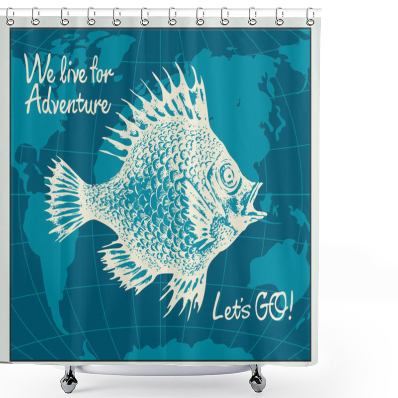 Personality  Vector Travel Banner With Big Fish And World Map Shower Curtains