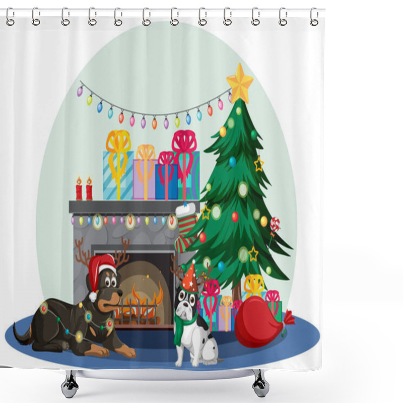 Personality  Fireplace With Many Dogs And Christmas Decorations  Illustration Shower Curtains