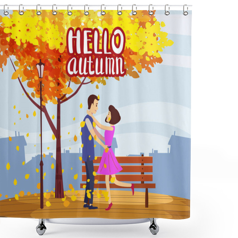 Personality  Autumn Fall Meeting Lovers Couple In The Park Autumn Branches Of Falling Leaves Foliage Romantic Love Mood. Isolated Illustration Vector Shower Curtains